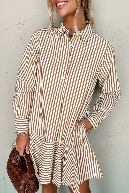 Ruffled Hem Collared Long Sleeve Shirt Mini Dress