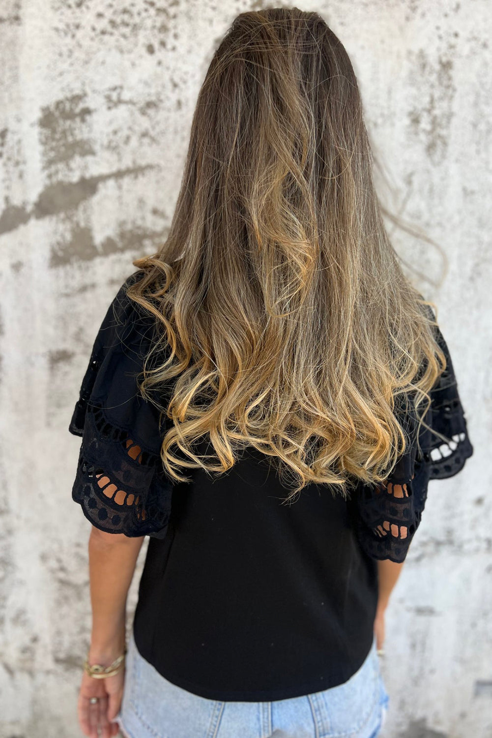 Hollow Out Embroidered Short Sleeve O Neck Top