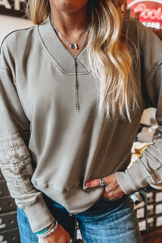 Aztec Embroidered Western V Neck Sweatshi