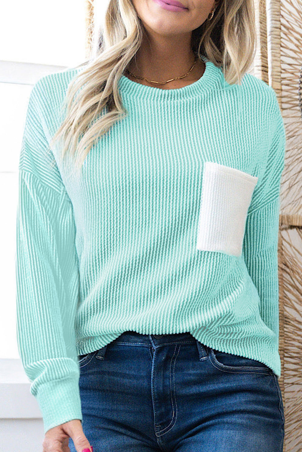 Corded Knit Color Block Pocketed Crew Neck T Shirt