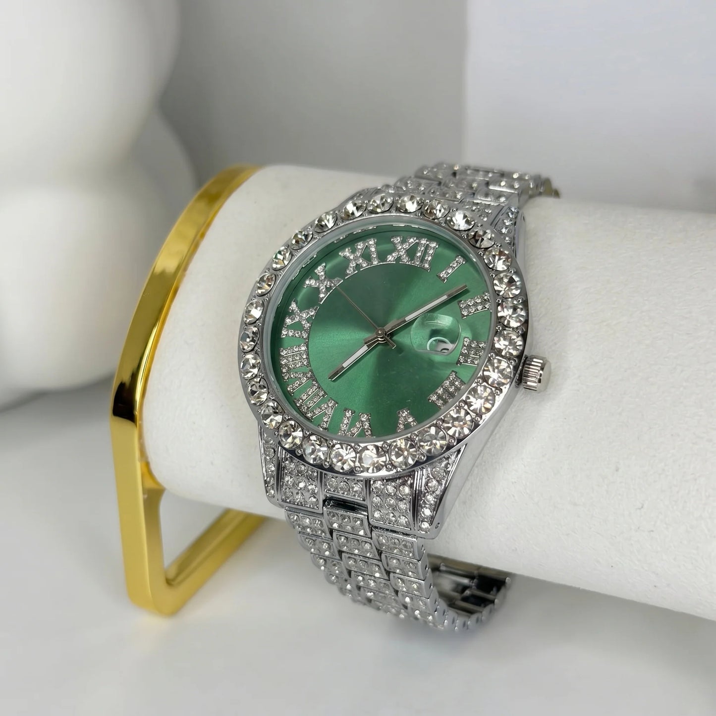 Rhinestone Green Silver Band Watch