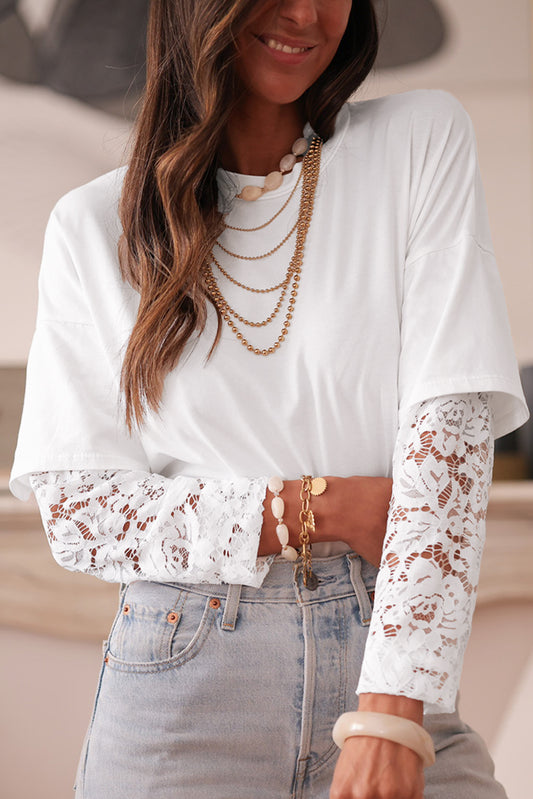 Lace Long Sleeve Insert Drop Shoulder Tee