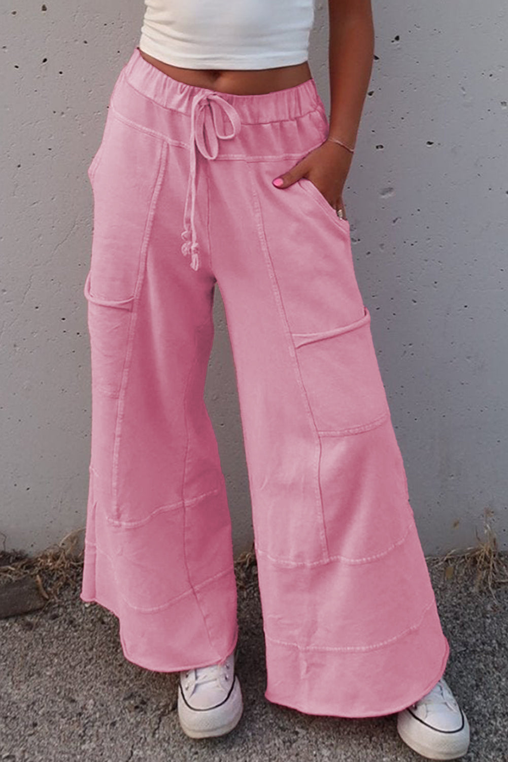 Mineral Wash Exposed Seam Drawstring High Waist Wide Leg Cargo Pants