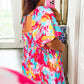 Abstract Printed Puff Sleeve Square Neck Smocked Bust Tied Back Plus Size Dress