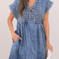 Tie V Neck Tucking Detail Short Sleeve Denim Shift Dress