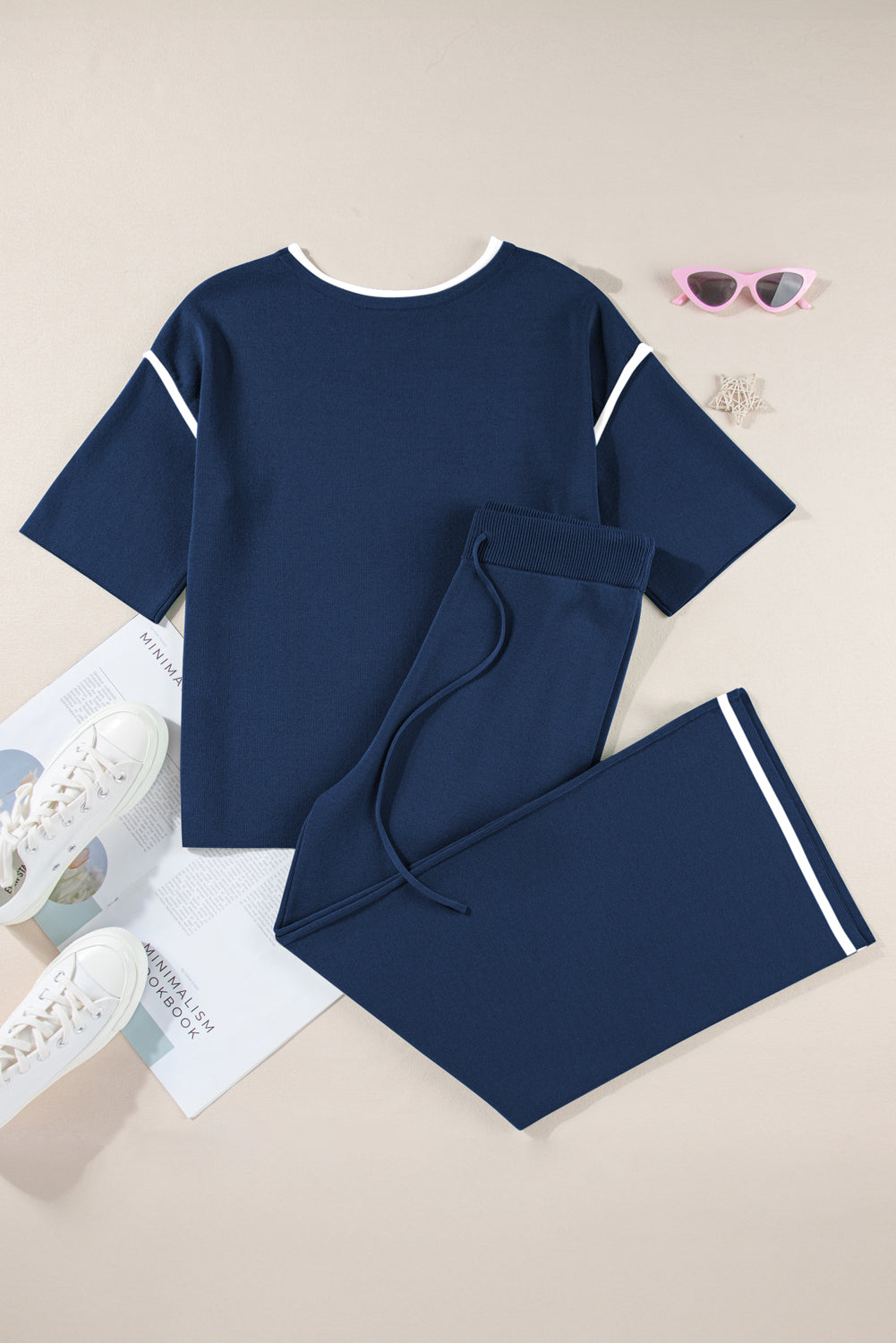 Contrast Trim Half Sleeve Top Drawstring Pants Loose 2pcs Sweater Suit