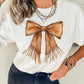 White Tassel Bowknot Print Round Neck Western Fashion T Shirt