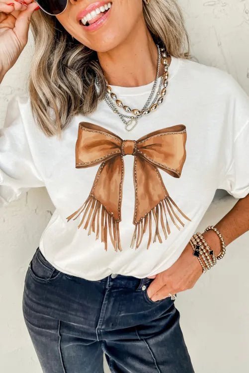 White Tassel Bowknot Print Round Neck Western Fashion T Shirt