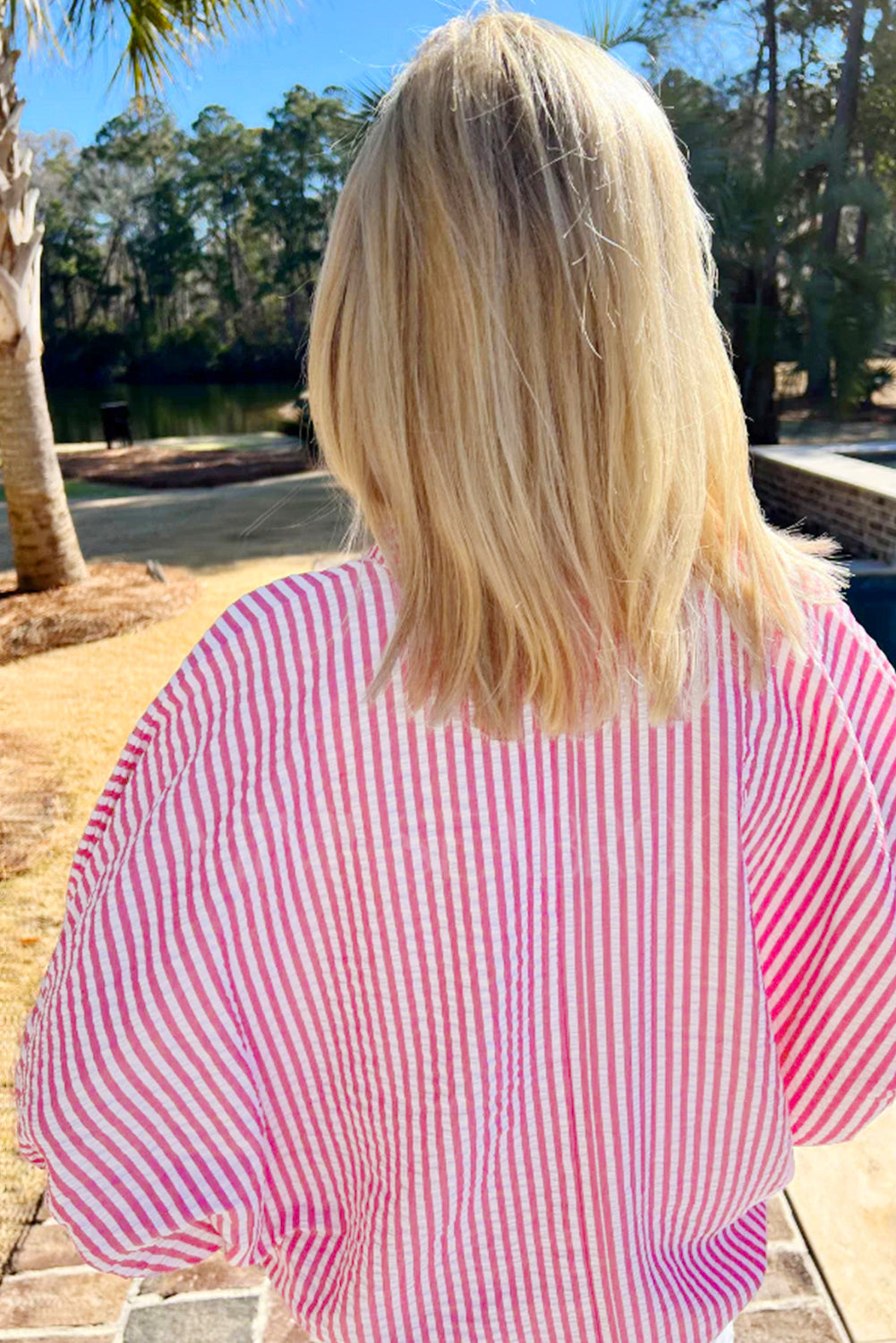 Striped Print Contrast Split Neck Dolman Sleeve Blouse