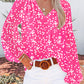 White Floral Print V Neck Long Puff Sleeve Top