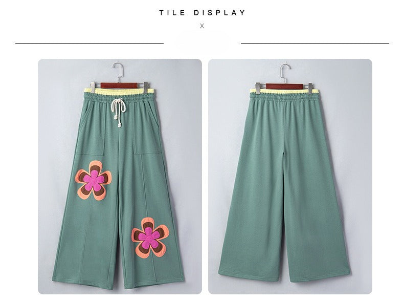 Block Flower Patchwork Drawstring Contrasted Elastic Waist Wide Leg Pants