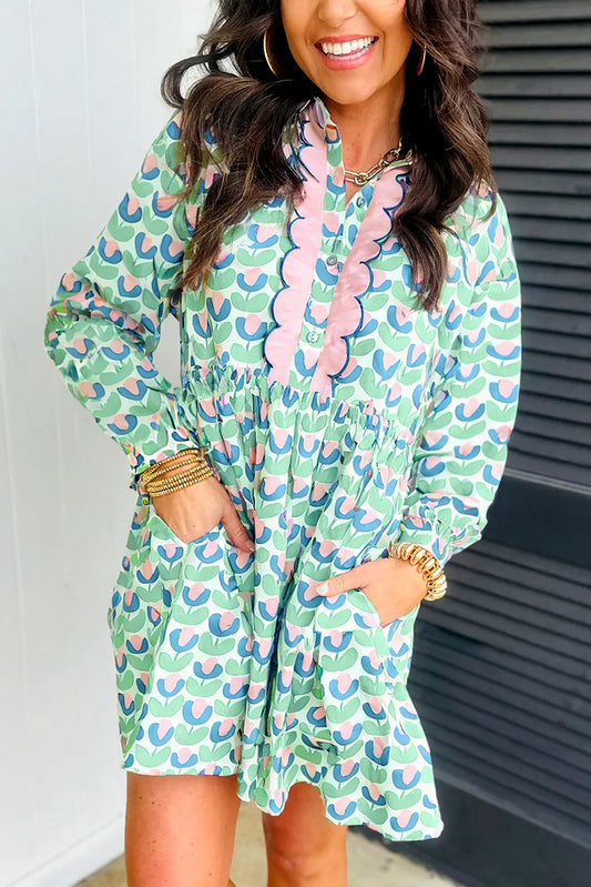 Floral Print Notched Neck Scalloped Detail Long Sleeve Mini Dress