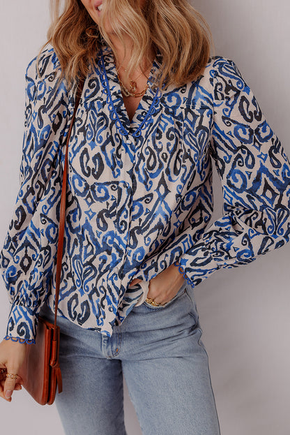 Bohemian Print Embroidered V Neckline Detail Long Sleeve Shirt