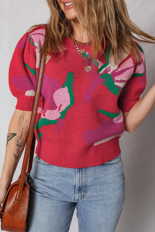 Print Short Puff Sleeve Sweater