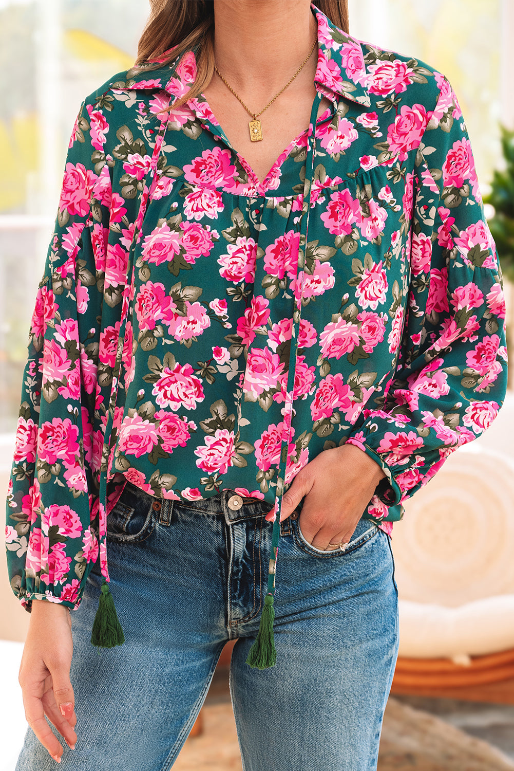 Floral Printed Tied Collar Puff Sleeve Blouse