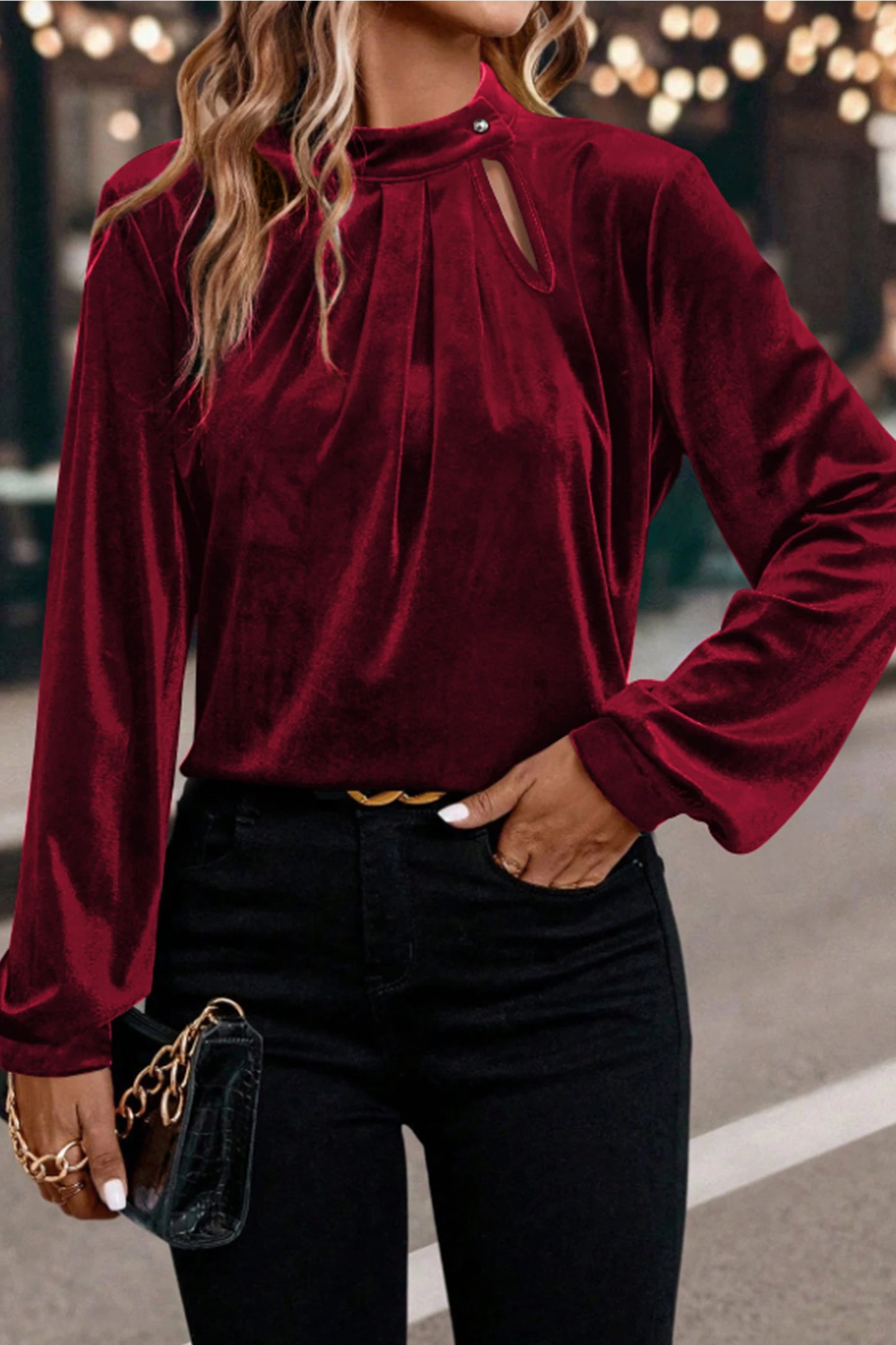 Keyhole Neck Long Sleeve Velvet Blouse