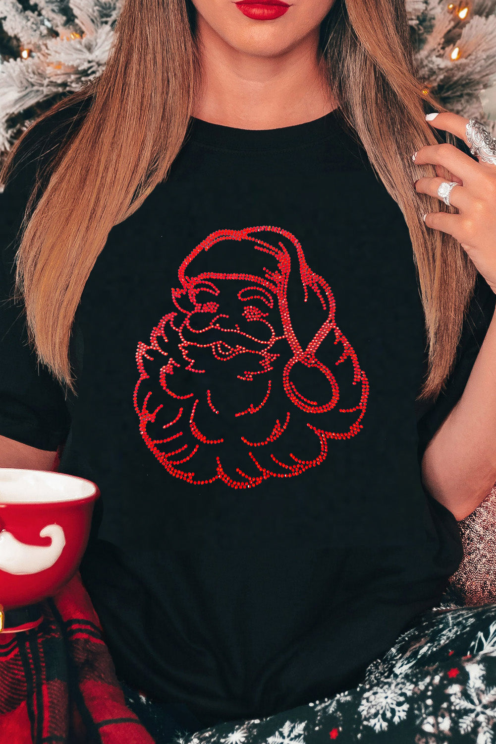 Rhinestone Santa Claus Christmas Graphic T Shirt