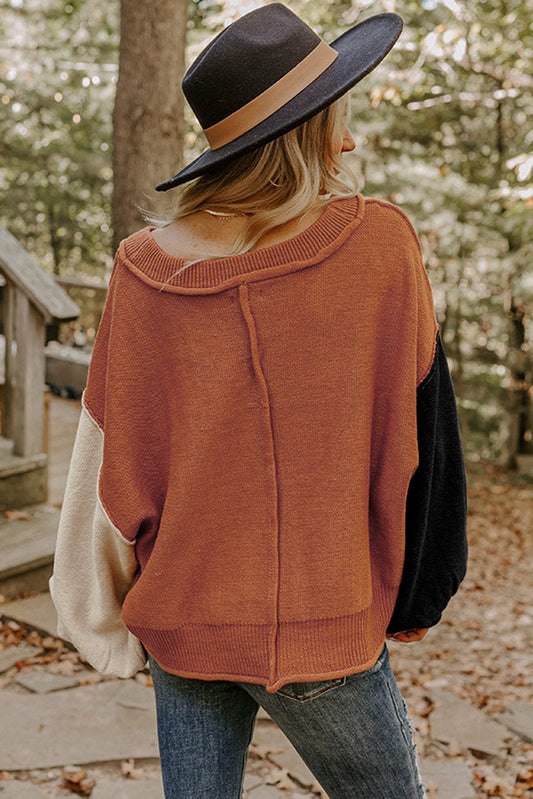 Colorblock Raw Edge Bubble Sleeve V Neck Sweater