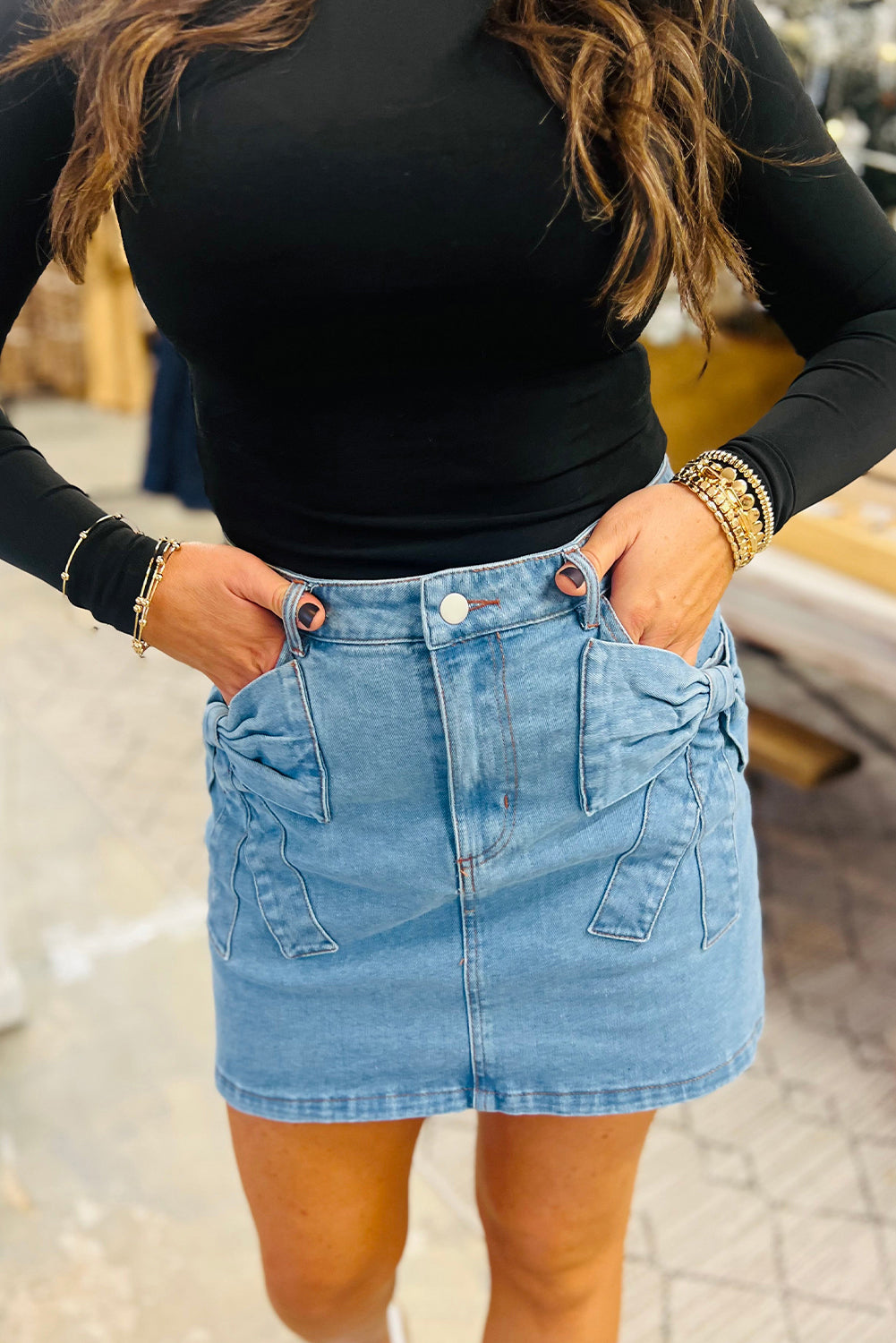 Acid Wash Bowknot Details High Waist Denim Skirt