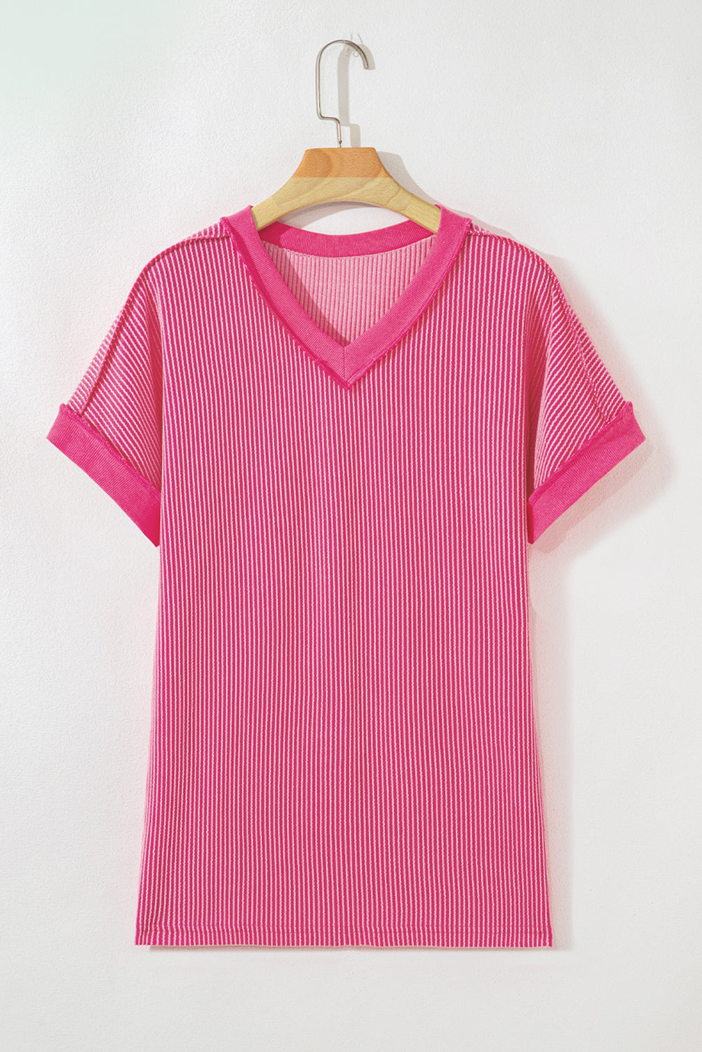 Twisted Ribbed Knit V Neck Casual Tee