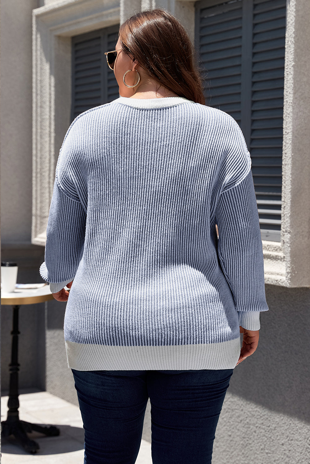 Plus Size Contrast Trim Crew Neck Rib Knit Drop Shoulder Sweater