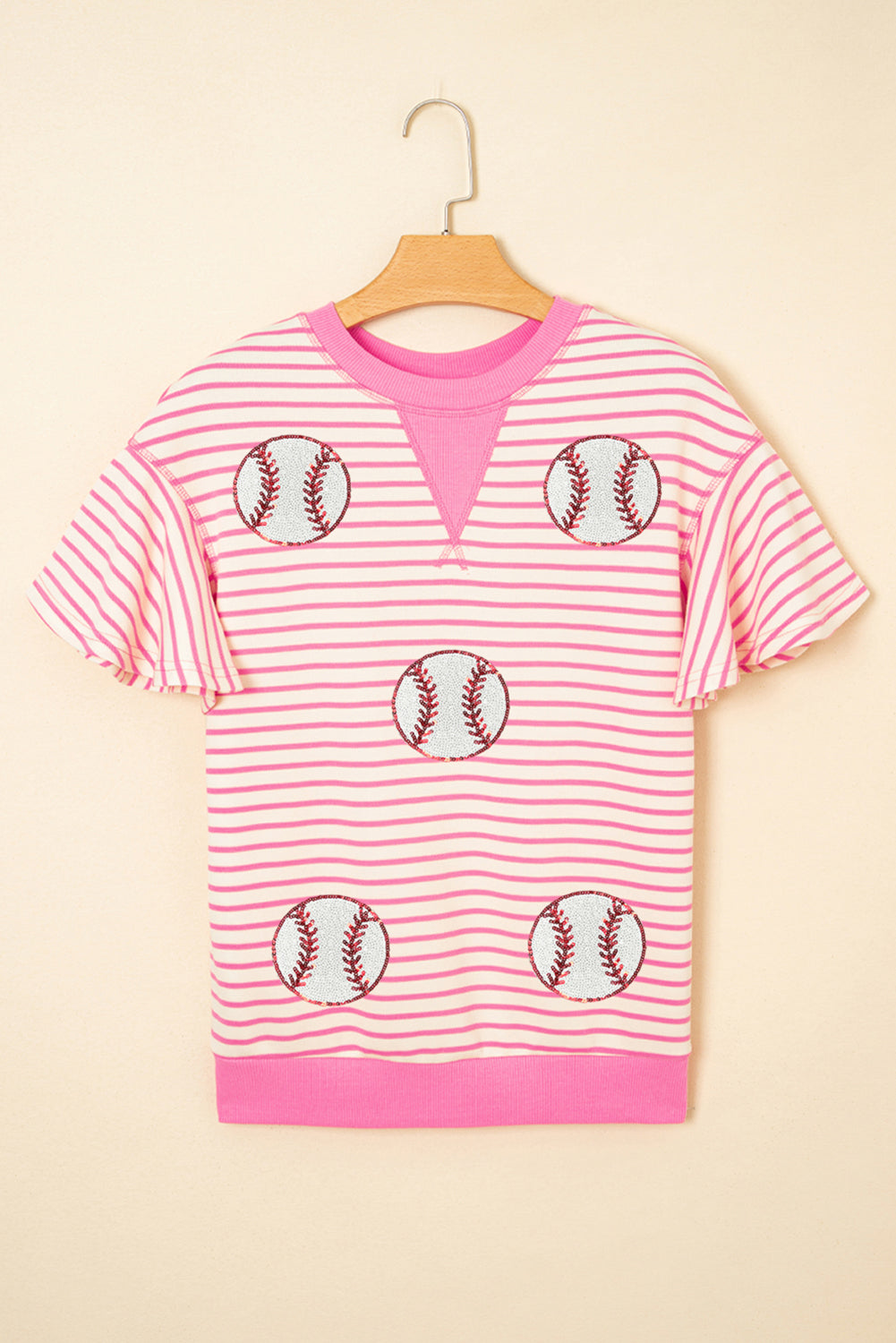 Sequin Baseball Pattern Striped Ruffle Sleeve Round Neck Knit Top