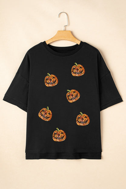 Sequin Jack-o-lantern Pattern Halloween Casual Tee