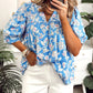 V Neck Floral Print 3/4 Puff Sleeve Blouse