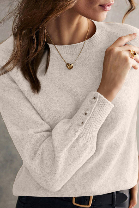Buttoned Bishop Sleeve Crew Neck Sweater
