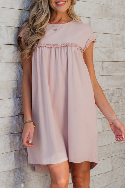 Frilled Trim Crew Neck Loose Fit Mini Dress