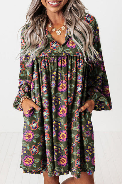 Floral Print Split Neck Bubble Sleeve Shift Mini Dress