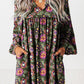 Floral Print Split Neck Bubble Sleeve Shift Mini Dress