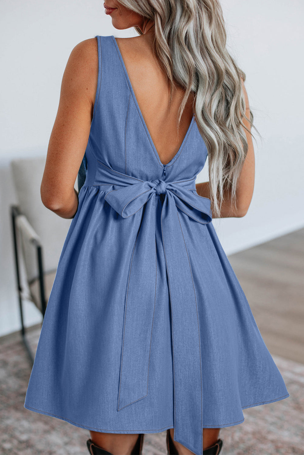 Square Neck Bowknot A-line Sleeveless Denim Dress