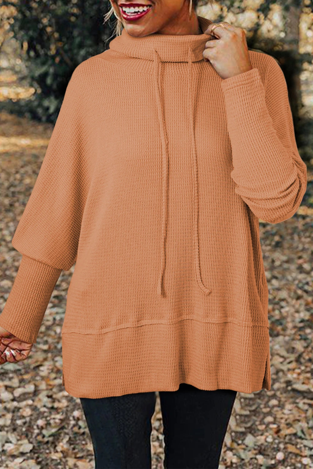 Drawstring Cowl Neck Oversize Top with Side Slits