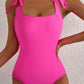 Square Neck Knotted Shoulder Open Back One Piece Swimsuit