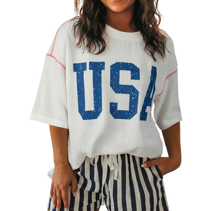 USA Graphic Half Sleeve Loose Ribbed Top