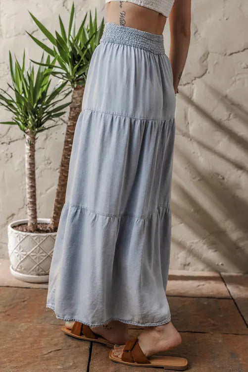 Beau Blue Tiered Smocked High Waist Denim Maxi Skirt