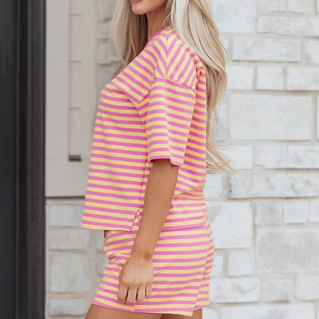 Stripe Drop Shoulder Boxy Casual Terry Short Set