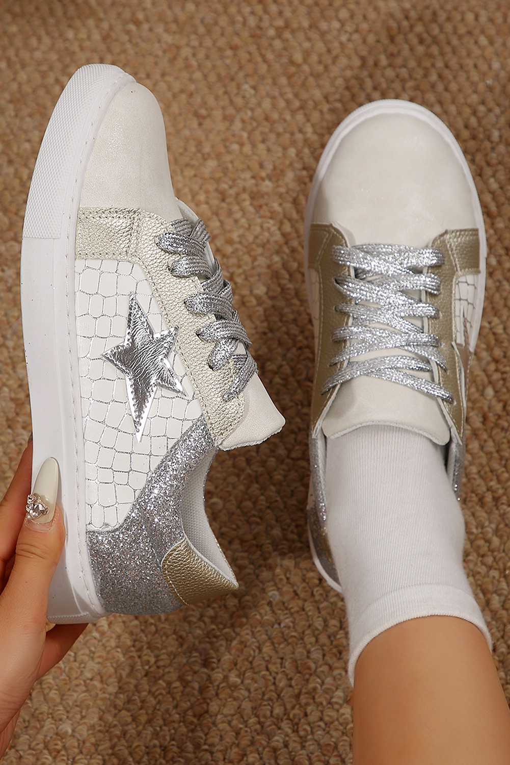 Star Patchwork Sequined Lace-up Sneakers