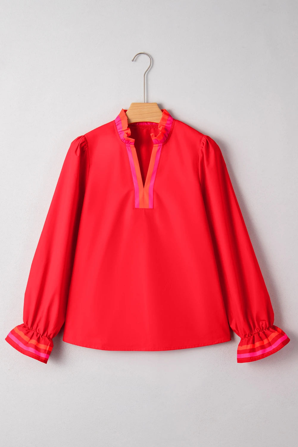 Ruffle Split Neck Long Sleeve Blouse