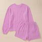 Corded Knit Long Sleeve Top and High Waist Shorts Set