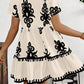 Vintage Print V Neck High Waist Short Sleeve Dress