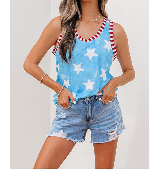Sky Blue Tie Dye Star Print Striped Trim Round Neck Casual Tank Top