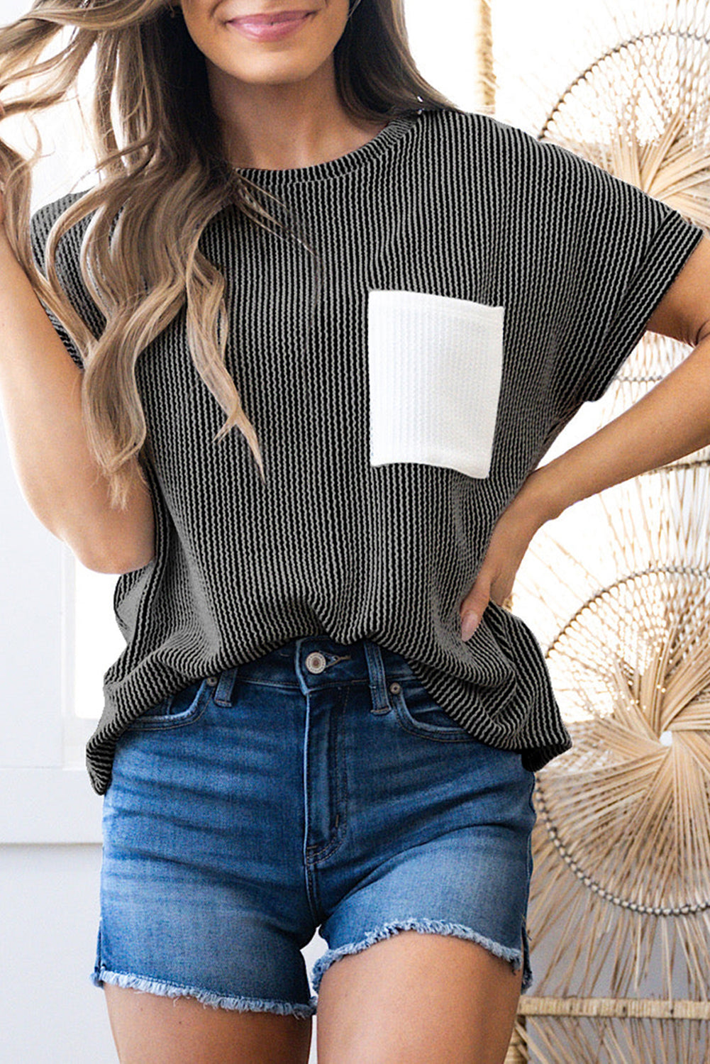 Corded Knit Color Block Pocketed Crew Neck T Shirt