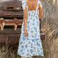 Floral Print Shirred Knot Shoulder Sleeveless Long Dress