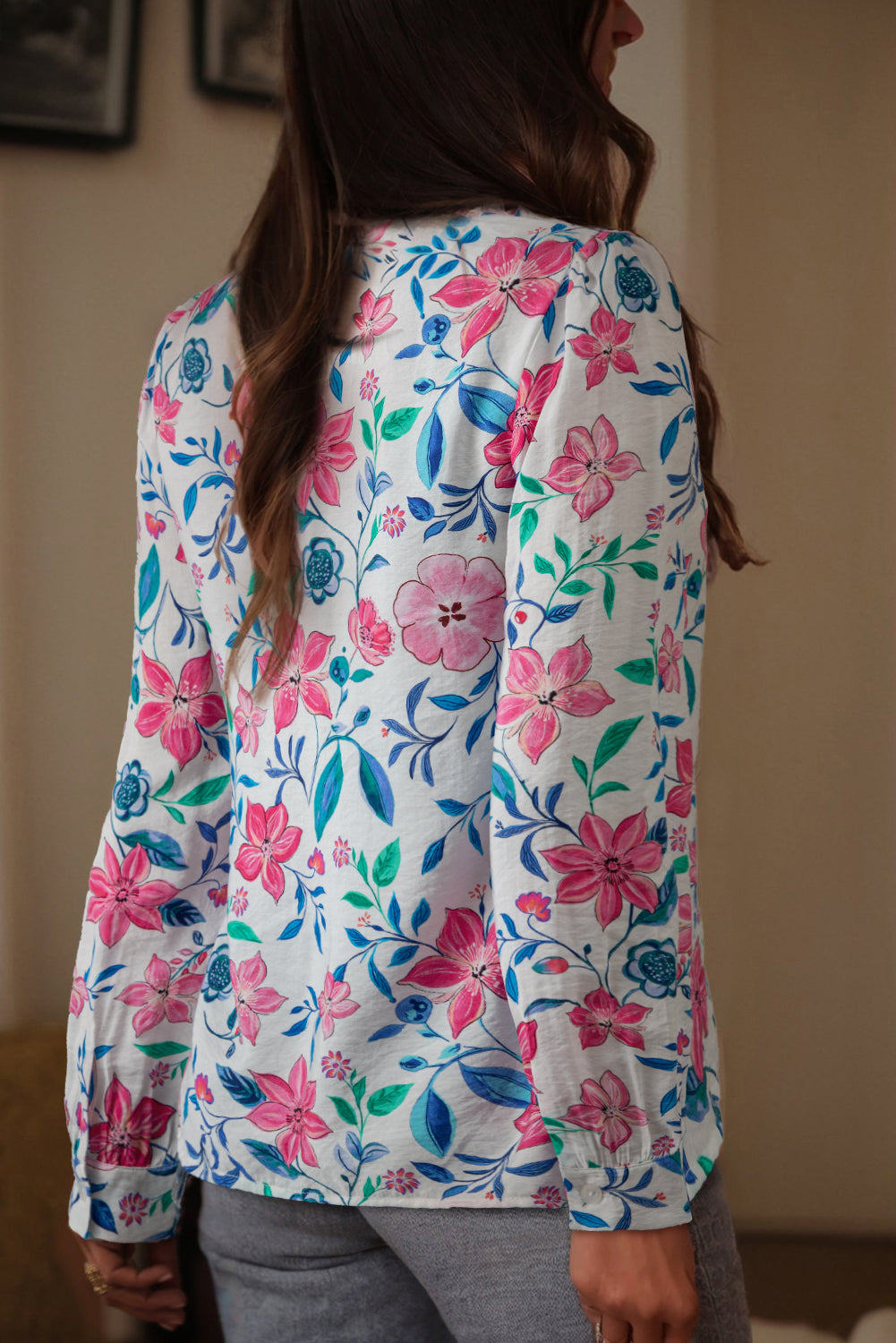 Floral Print Lace Detail Button-up Long Sleeve Shirt