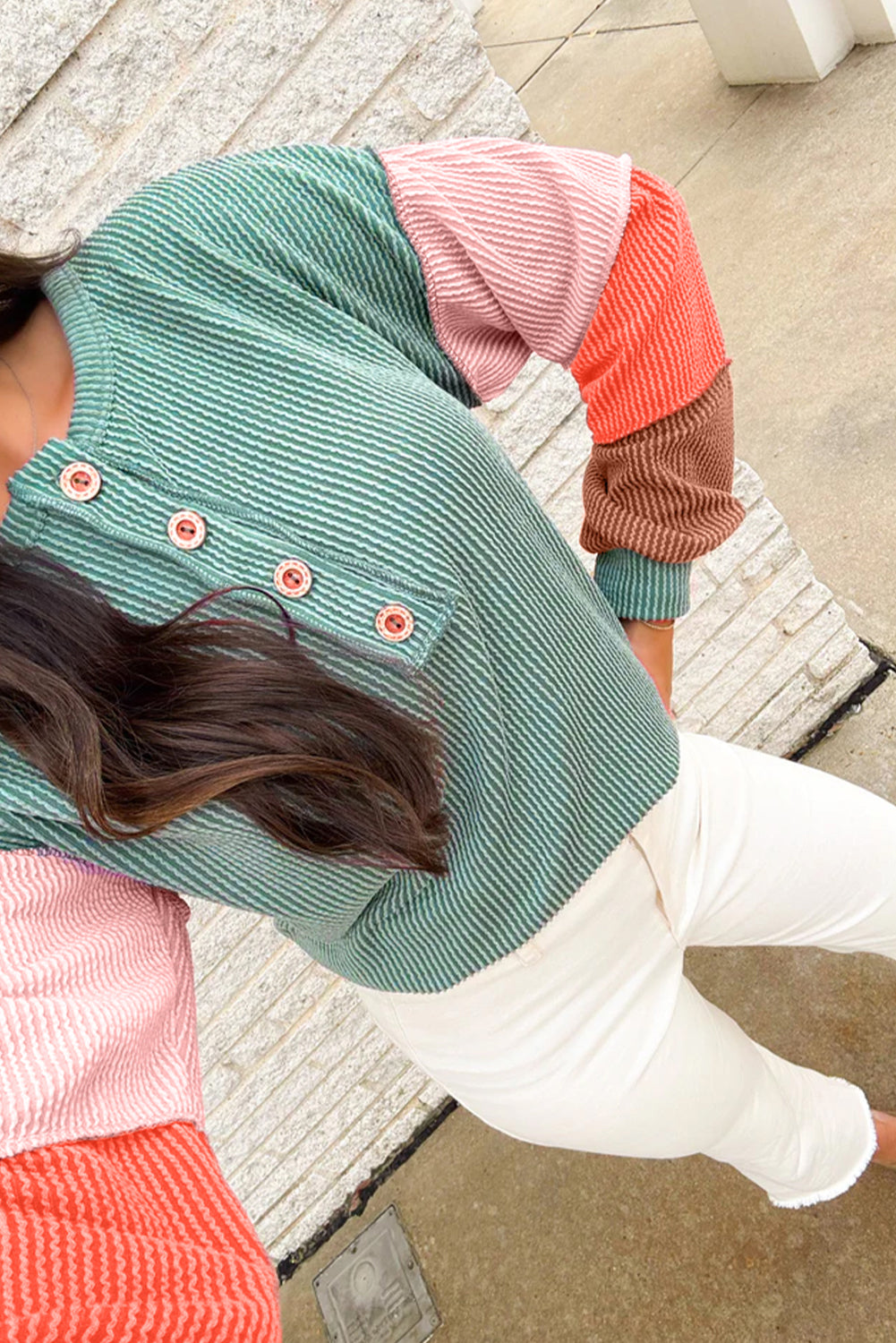 Twisted Ribbed Knit Colorblock Henley Top