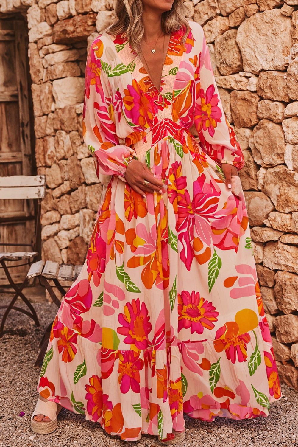 Floral Print Smocked Detail V Neck Puff Sleeve Flowy Maxi Dress