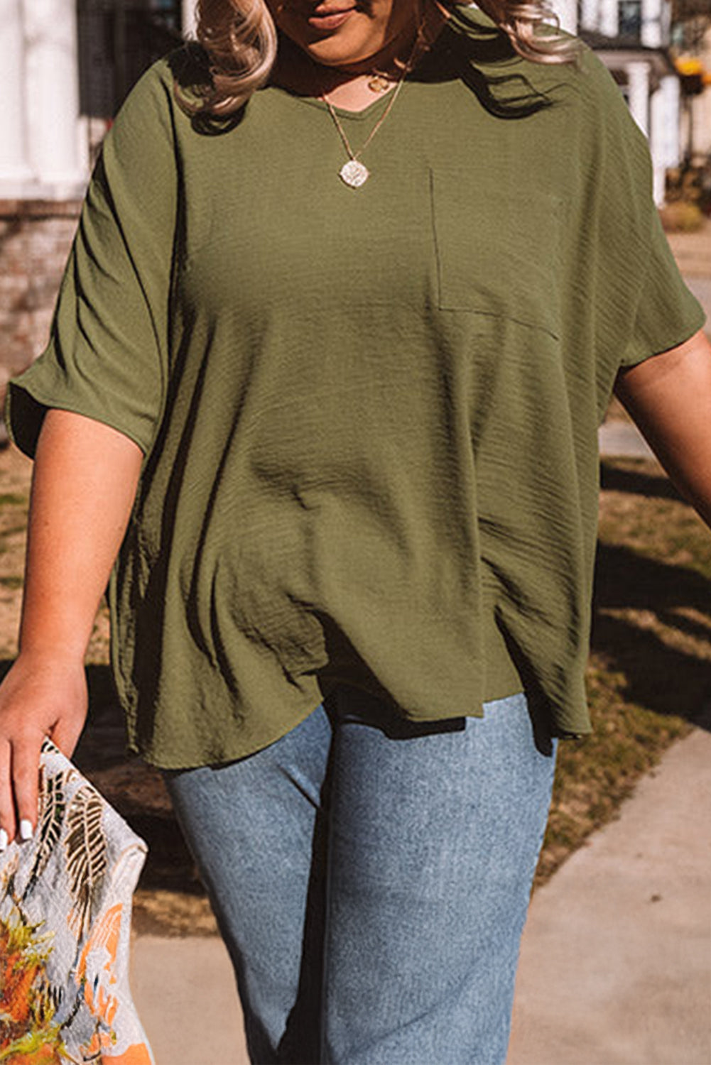 Plus Size Textured Chest Pocket Tee