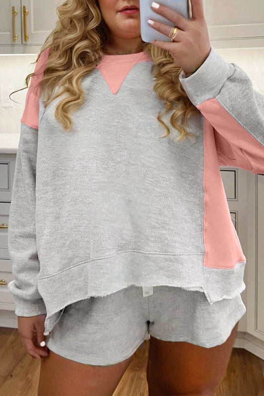 Color Block Raw Hem Pullover and Casual Shorts Set